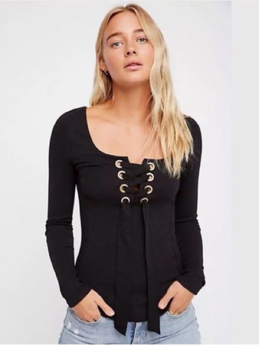 Free People Looking Back Black Lace Up Grommet Top Blouse Boho Size S